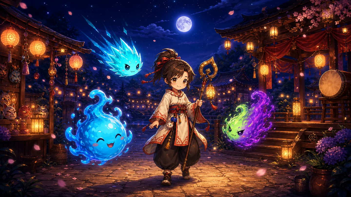 A traveller walking through the glowing Spirit Festival at night